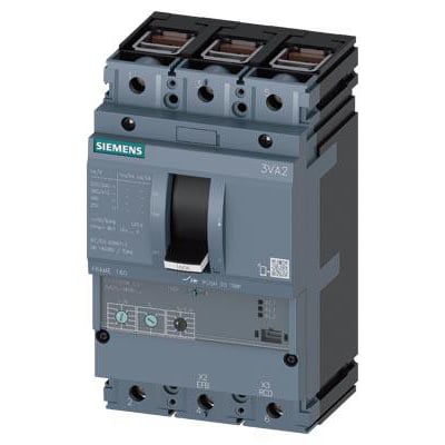 Siemens 3VA2 IEC frame 160 maksimalafbryder til motorbeskyttelse med 3 poler, grå og sort.