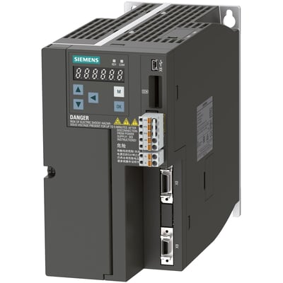Siemens SINAMICS V90 frekvensomformer til 3-faset 400V net og 2.0kW motor med Profinet interface og IP20 beskyttelse.