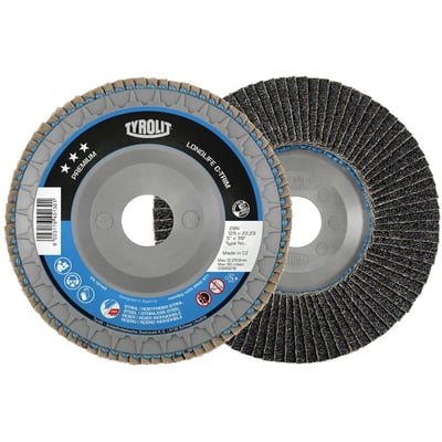 To Tyrolit PREMIUM LONG LIFE C-trim lamelslibeskiver i fuld størrelse med korn 60 Zirkon, hvid baggrund.