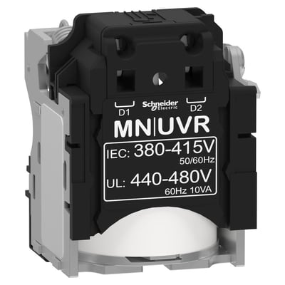 Schneider Electric MN/UVR spole til NSX afbrydere, mærkat viser IEC 380-415V 50/60Hz og UL 440-480V 60Hz 10VA.