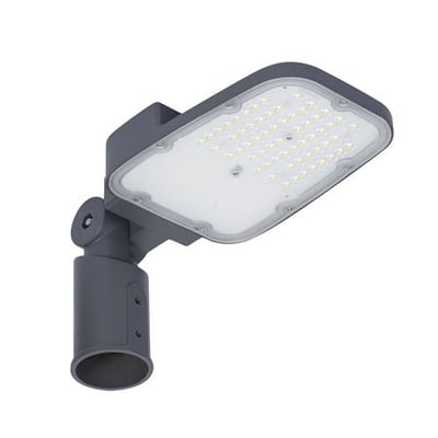 LEDVANCE Streetlight Area S vejarmatur på 30 W/730 i mørkegråt design, set skråt nedefra med åbent mastebeslag.