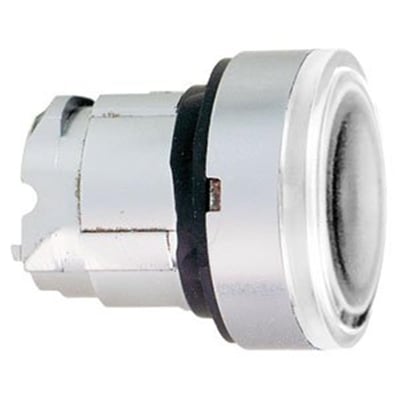 Sidevisning af Schneider Electric lampetryk med hvid LED, der viser monteringsmekanismen og 22mm diameter.