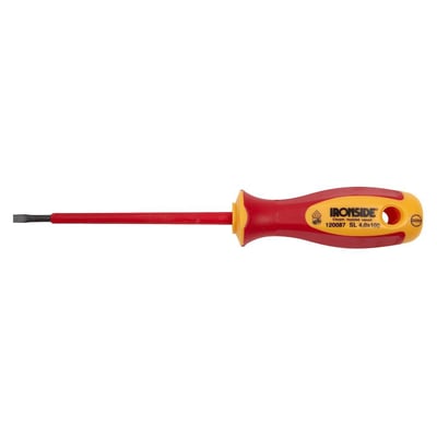 Ironside VDE-skruetrækker med lige kærv, 3,5 x 100 mm, vist med rød og gul isoleret håndtag.