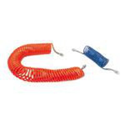 Parker Hannifin 1470P spiralslange i orange og en mindre blå spiralslange med R1/4 tilslutning og 6mm ydre diameter.
