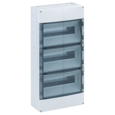 Spelsberg AKe 36 fordelingstavle, viser de tre rækker og 36 moduler, med klare dæksler og hvid kappe, på neutral baggrund.