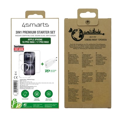 Emballagen til 4smarts 3-i-1 premium-startsæt til iPhone 18 Pro Max og 17 Pro Max viser cover, skærmglas og oplader.