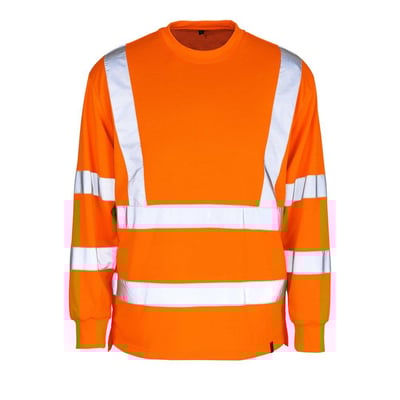 Bagsidevisning af Mascot sweatshirt Melita i orange, tydeligt med reflekser rundt om kroppen og på ærmerne for øget synlighed.