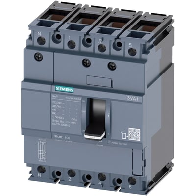 Siemens maksimalafbryder FS100 3VA1, 4-polet, 50A, 16kA, med grå plasthåndtag og tydelig mærkning af funktioner og specifikationer.