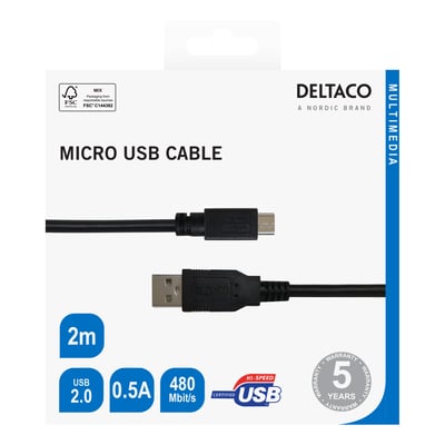 Emballagen til Deltaco USB 2.0 Micro B-kablet i sort viser begge stik og markeringen på 2 meter.