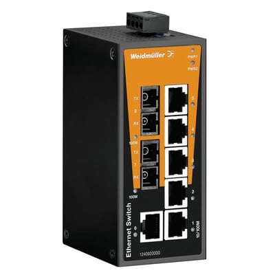 Weidmüller industriel switch IE-SW-BL08T-6TX-2SC med sort kabinet, orange front samt 6 RJ45- og 2 fiberporte.