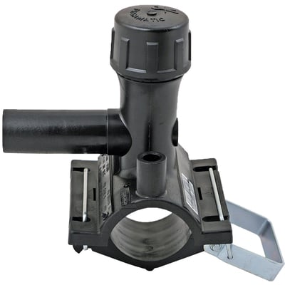 AVK Fusamatic anboringsbøjle 160x63 mm PE100 PN16 med snaplås og Autopin, fremhæver produktets tydelige markeringer og konstruktion.