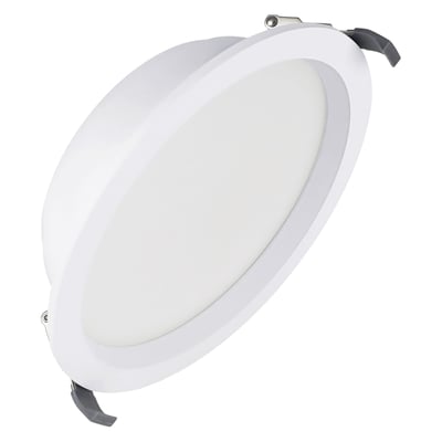 Hvid Ledvance CMF ZB Dir Easy-downlight med rund opal diffuser, 30 W og 3600 lm, set skråt forfra.
