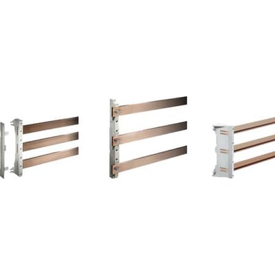 Rittal stikelement til 30x10 mm skinne, vist som tre separate enheder med kobberfarvede leder og grå monteringsbeslag.