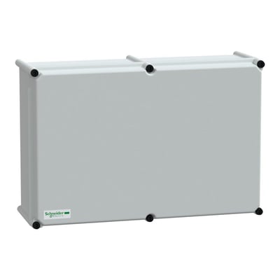 Schneider Electric kapsling i RAL 7035, 360x540x180mm, med synligt Schneider Electric logo og fire sorte skruelåg.