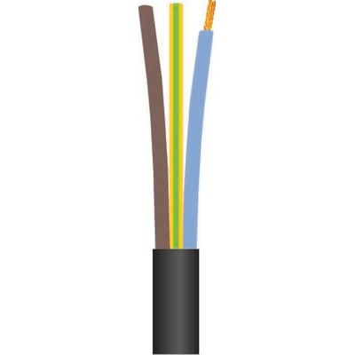 Sort H07RN-F gummikabel 3G1,5 mm² med brun, gul/grøn og blå ledervisning samt kobbertråd.