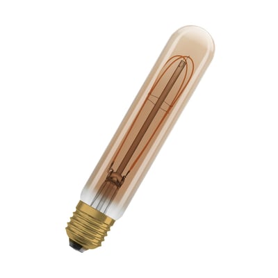 Nærbillede af Ledvance 1906 tubular guld LED-pære med E27 fatning, der viser den interne filamentstruktur.