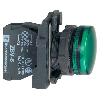 Nærbillede af Schneider Electric signallampe ZBV-6 med grøn linse, viser monteringsmekanisme og tekniske mærkater på bagsiden.