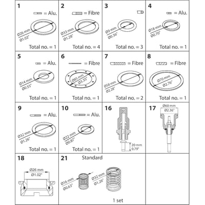 Oversigt over reservedele til Danfoss PMFL vedligeholdelsessæt, størrelse 125, med illustrationer af ringe, filtre, fjedre og komponenter med mål.