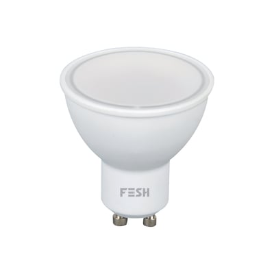 FESH Smart Home LED spot med GU10 fatning, hvid farve og 5W effekt, vist på hvid baggrund.