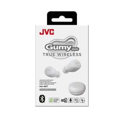 JVC Gumy Mini True Wireless earbuds i hvid, vist på den lukkede emballage med tydeligt logo og produktnavn.