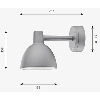 Teknisk tegning af Louis Poulsen Toldbod 155 væglampe i aluminium med dimensioner vist for højde, bredde og længde.