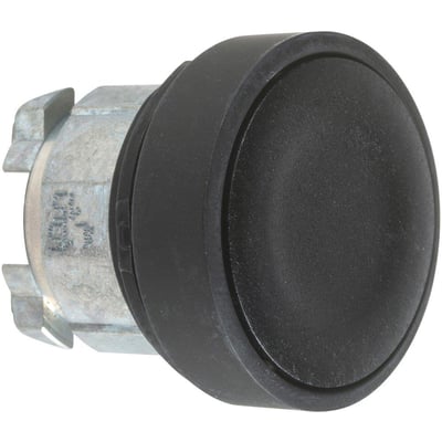 Schneider Electric trykknap ZB4BA27 med sort, plan overflade og metal gevind til montering. Diameter 22mm.