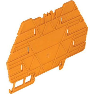 Weidmüller skilleplade til relæmodul, 3.2mm bred, i orange plast med synlige fastholdelseselementer.