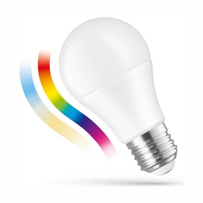 SpectrumLED E27 8,5 W Smart Home LED-pære med hvid kuppel og farvespektrum vist som regnbuefarvet bånd.