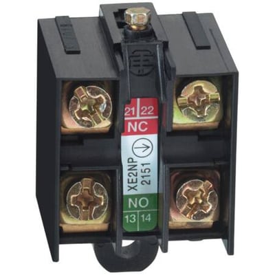 Schneider Electric XE2NP2161 kontaktelement med 1NO+1NC konfiguration, vist forfra med skrueterminaler og mærkater.
