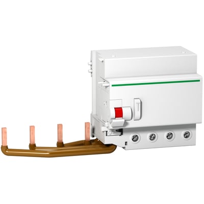 Schneider Electric Vigi C120 modul til 125A 4-polet afbryder med 300MA fejlstrømsbeskyttelse, viser tilslutningsskruer og kobberledere.