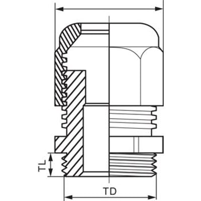 Teknisk tegning af Lauritz Knudsen M20 kabelforskruning til kabeldiameter 6-12mm, grå plast.