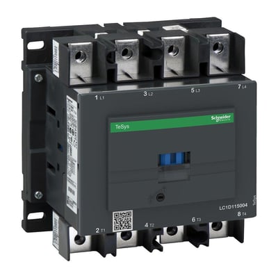 Schneider Electric kontaktor LC1D115004 med 115A, 4 poler og 230V AC spænding, grå med grøn logo.