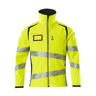 Mascot Hi-Vis gul softshell jakke i størrelse 3XL, med skrå reflekser på ærmer og krop samt høj krave.
