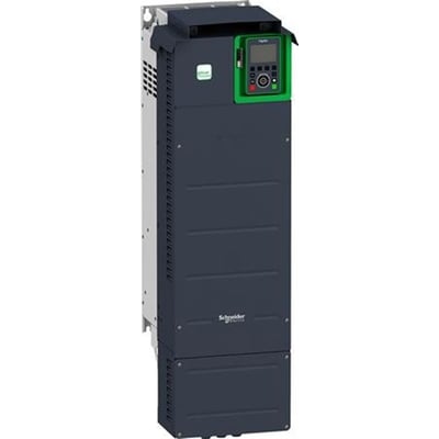 Schneider Electric Altivar Process ATV650 frekvensomformer 1,5 kW 3x400V IP55 set fra venstre side med køleribber og grønt displaypanel.