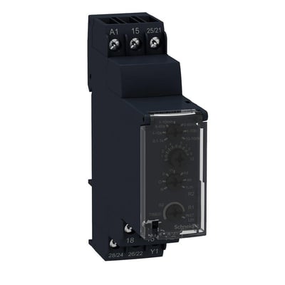 Nærbillede af Schneider Electric multifunktionstimer RE22, viser drejeknapper til tidsindstilling fra 0.1s til 100 timer og funktionsvalg.