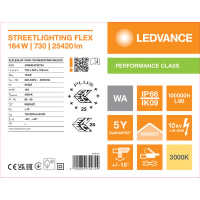 Teknisk produktgrafik med specifikationer for Ledvance Streetlight Flex L LED-gadebelysning, 164 W og 25.420 lm.