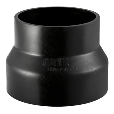 Geberit centrisk reduktion i sort PEH materiale, der viser en glat overflade og indgraverede dimensioner 110 x 40 mm.