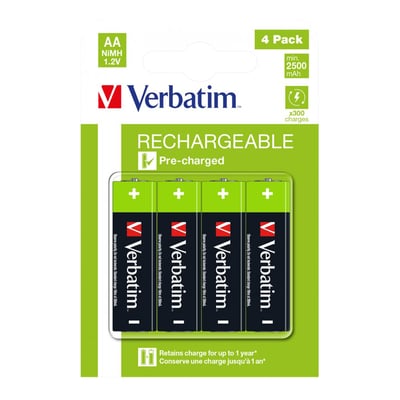 Verbatim genopladelige AA (HR6) NiMH-batterier på 1,2V, vist i 4-pak emballage med grøn og hvid grafik.