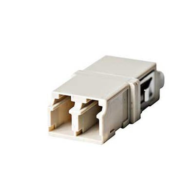 Beige MultiMode Duplex fiberoptisk adapter med SC footprint og uden flange, viser LC/PC tilslutning foran og bagpå.