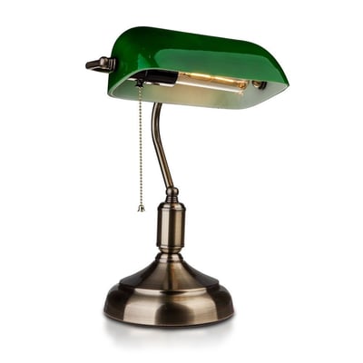 V-TAC klassisk skrivebordslampe med grøn glasskærm og messingfarvet base på hvid baggrund.