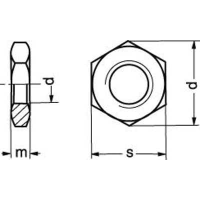 Tekniske tegninger af M24 DIN 439-04 sort kontramøtrik, viser dimensioner som m, d og s.