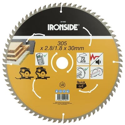 Ironside rundsavklinge til træ set forfra med 72 tænder og mærkning for 305 mm diameter og 30 mm huldiameter.