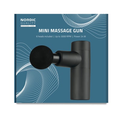 Nordic Quality Mini Massage Gun i sort, med tilbehør og specifikationer vist på blå baggrund.
