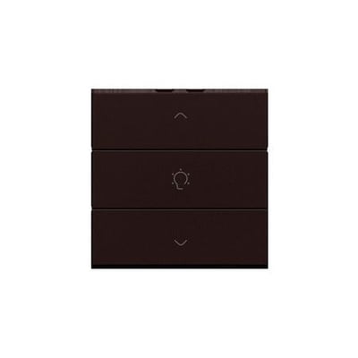 Niko dæmpertryk, enkel, mørkebrun med pile op og ned samt lyspære symbol. Viser tre knapper.