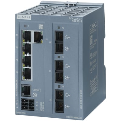 Siemens SCALANCE XB205-3 industri-switch med 5x RJ45 og 3x multimode FO SC-porte, vist i grå plast med tydelige porte og mærkninger.