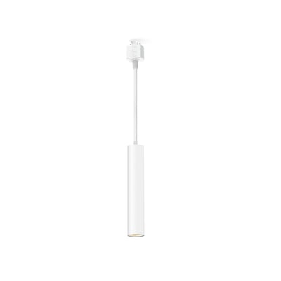 Hvid Philips EasyLink Paxie-pendel med slank, cylindrisk skærm, lang ledning og adapter til skinnesystem.