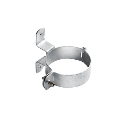 Galvaniseret hængselsstift til træ, Ø76 x 32/2 mm, vist med skrue og en flig for montering.