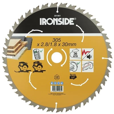 Ironside rundsavklinge til træ med 36 tænder og 305 mm diameter, set forfra med sort og gul mærkning.