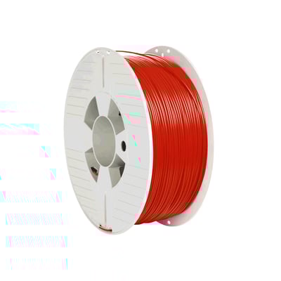 Verbatim 3D printer filament af PET-G i rød farve på en hvid spole, 1.75mm diameter og 1kg vægt.