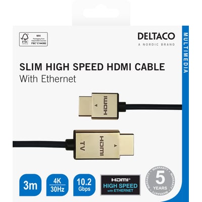 Detailæsken til Deltaco ultratyndt HDMI-kabel på 3 meter i sort og guld viser begge stik og kabelspecifikationer.
